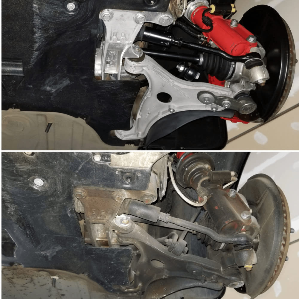 Rear suspension and brake assembly, caked in road grime, then clean metal