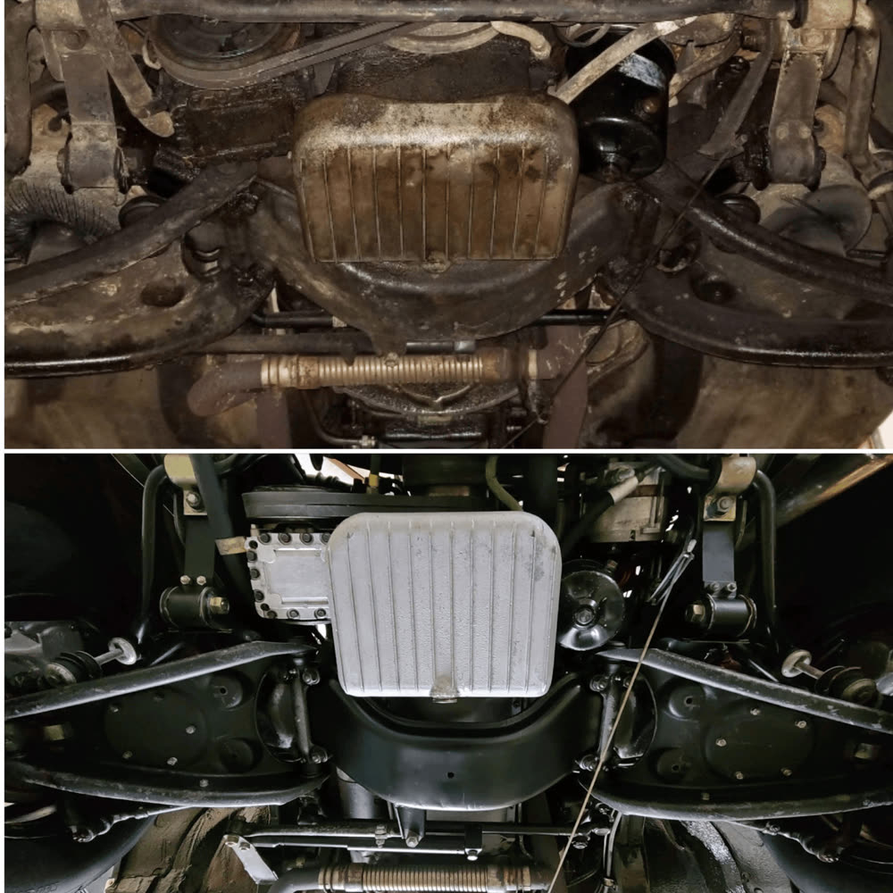 Undercarriage with oil pan and crossmember, before and after