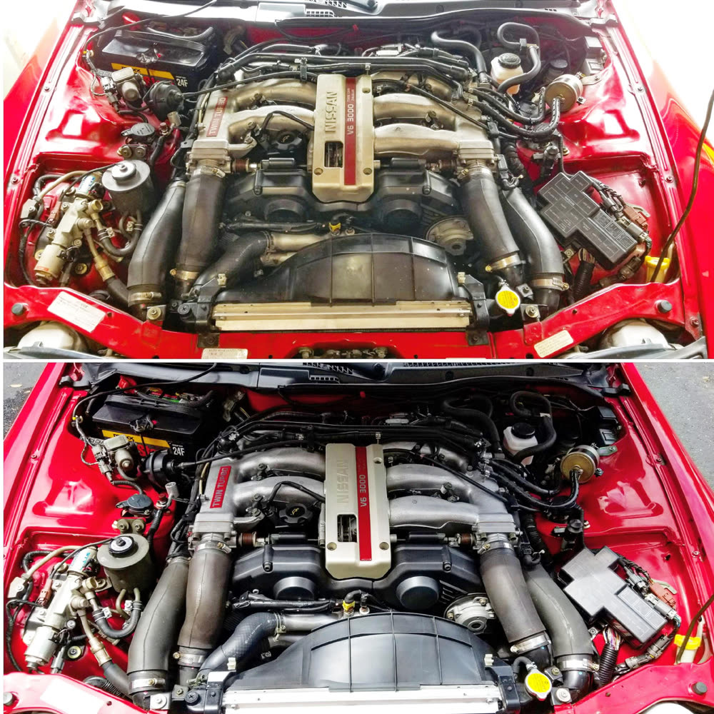 Twin turbo V6 engine bay, before and after