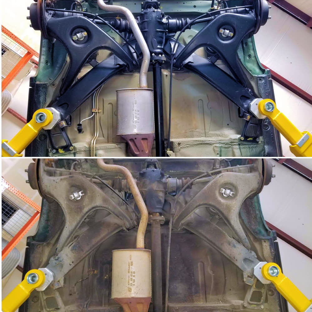 Rear subframe with exhaust and coilovers, before and after