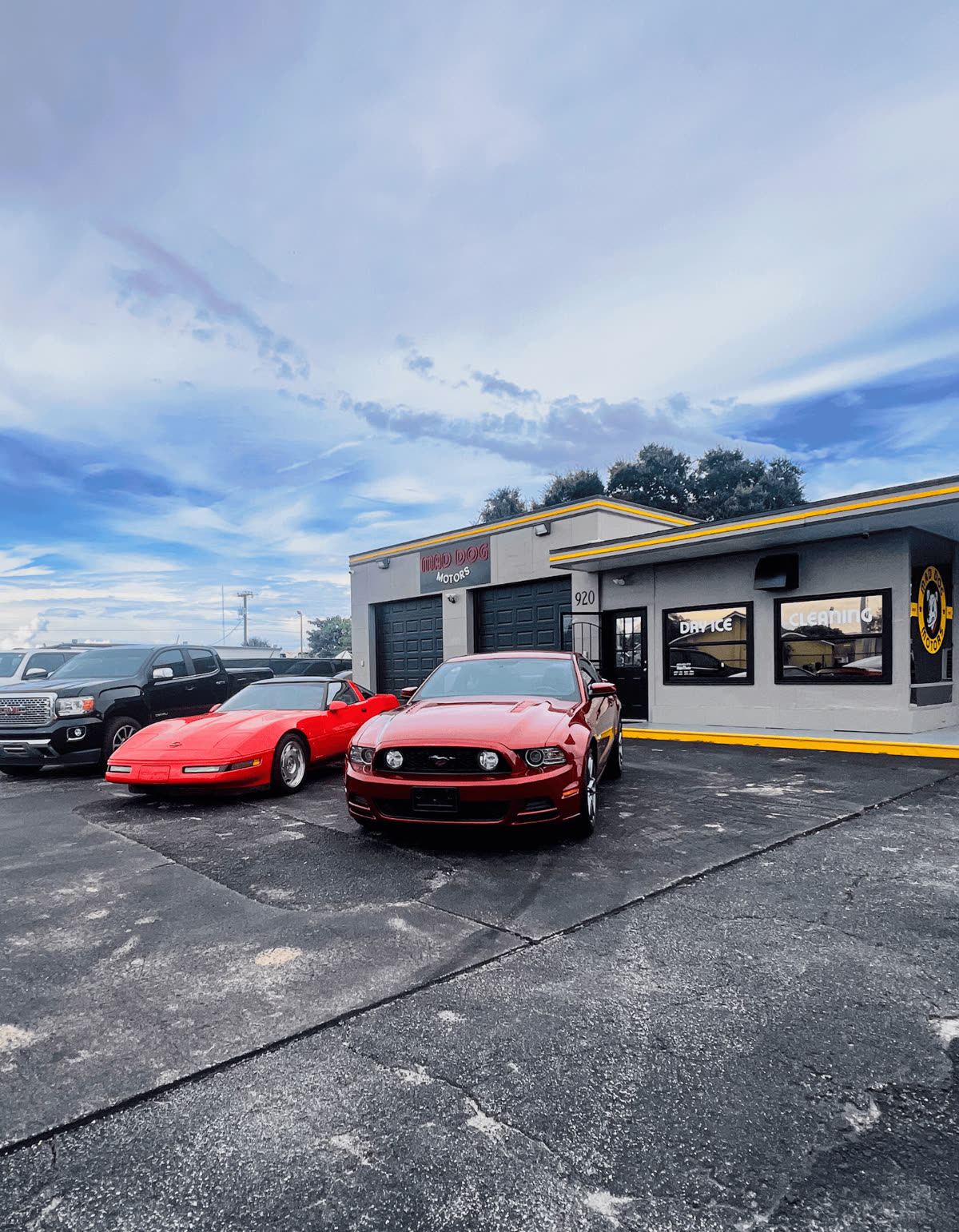 A Corvette and a Mustang parked in front of the Maddog Motors shop